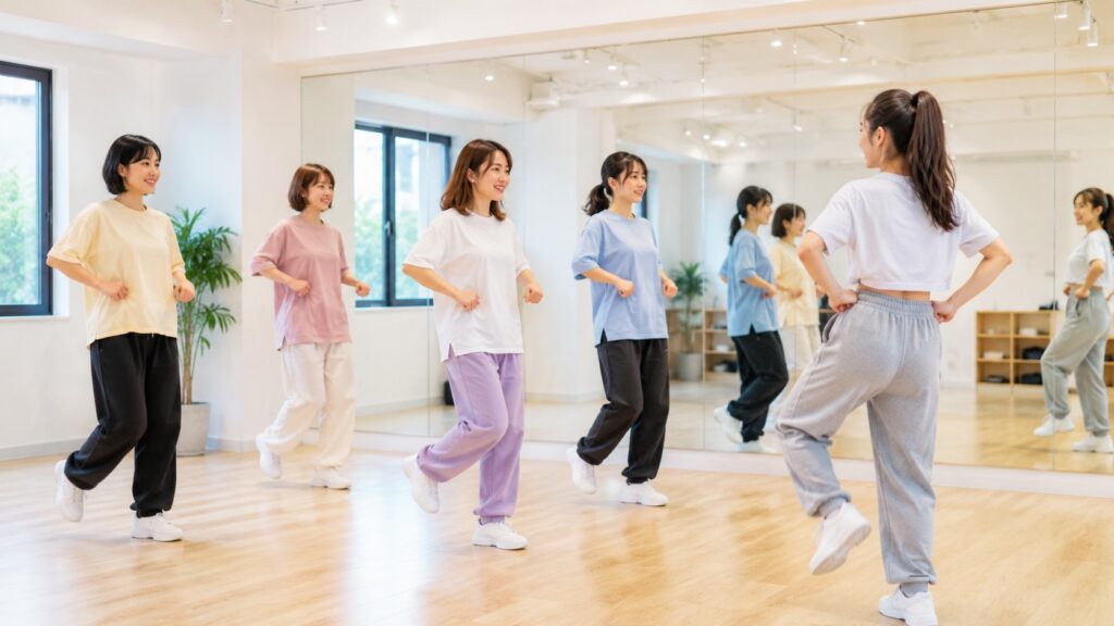 K-POPダンス初心者が鏡の前で基本ステップを練習する様子