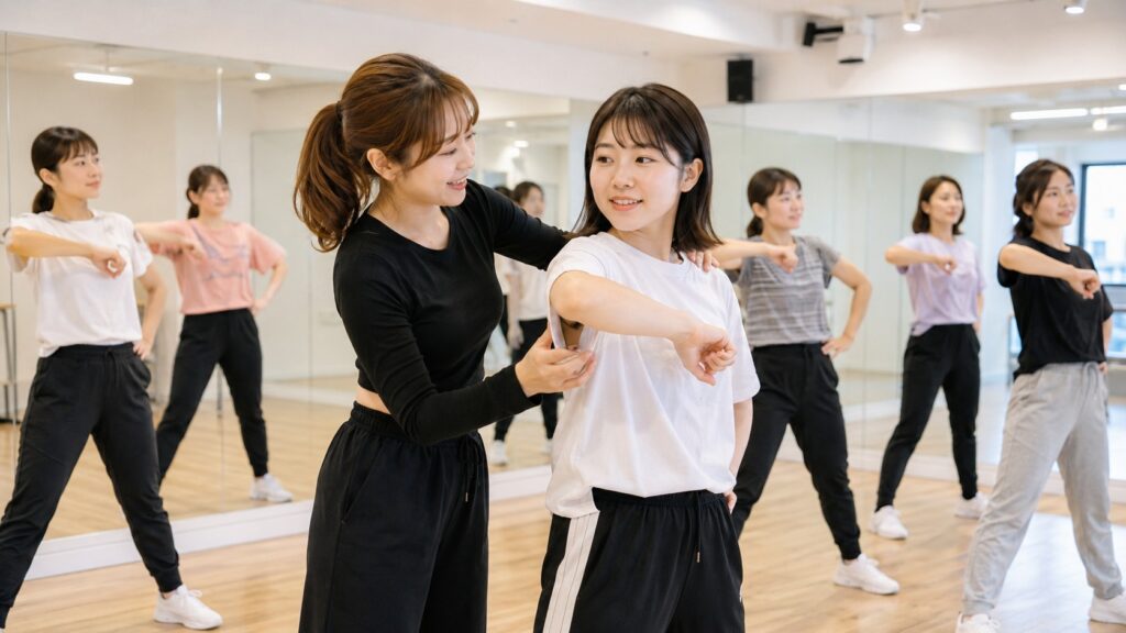 少人数のK-POPレッスンで講師から個別に指導を受ける初心者